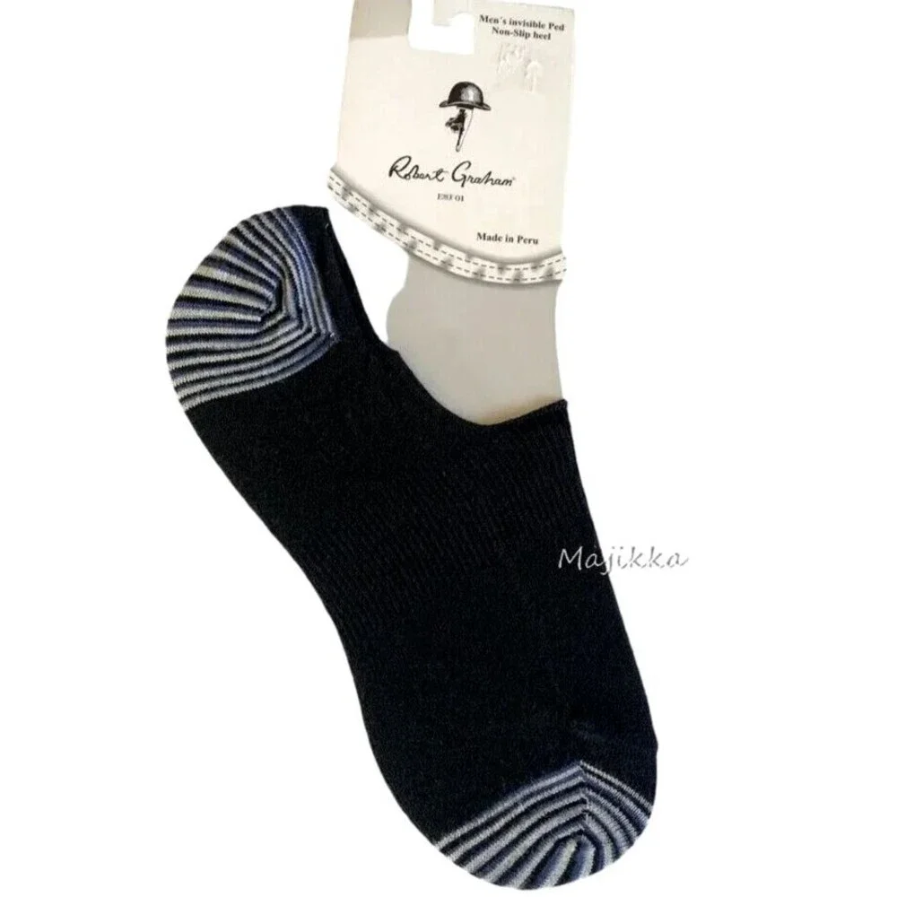 Robert Graham No Show Mens Socks Peds Non-Slip Heel Stripe Navy Cotton